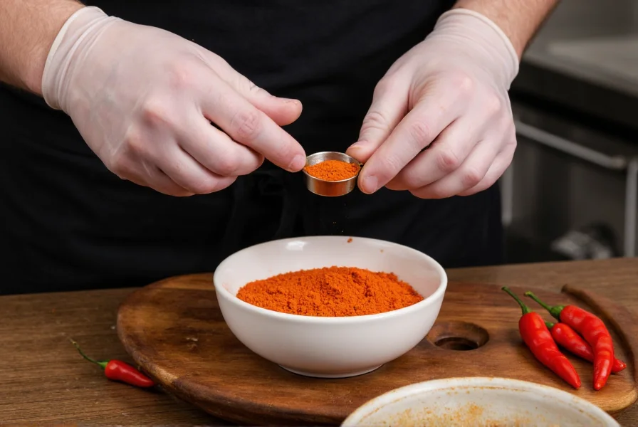 Chef wearing protective gloves carefully measuring a small amount of Naga chili powder into a mixing bowl for culinary preparation