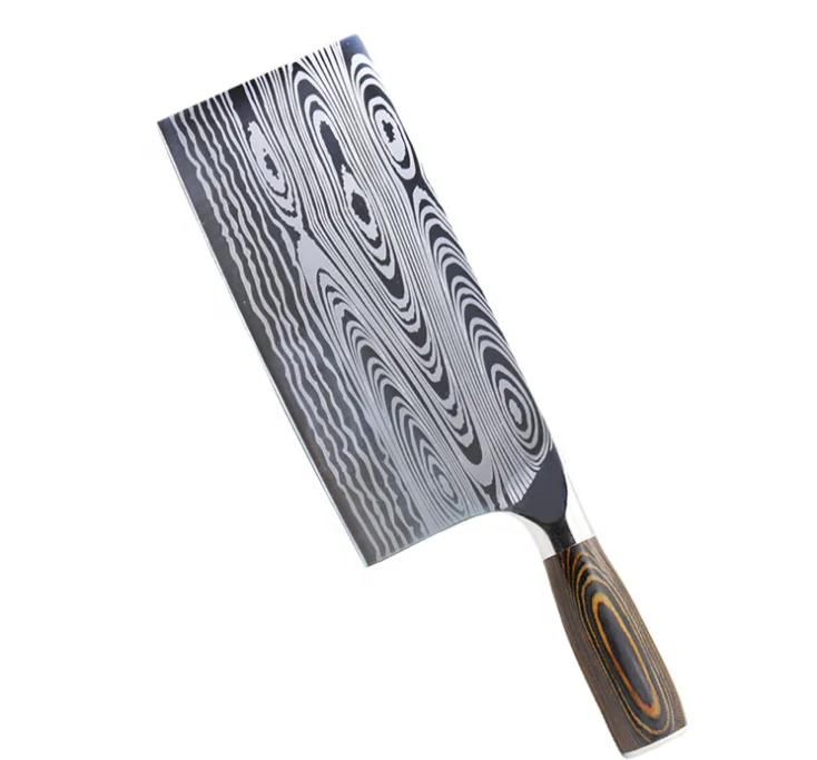 

Damascus laser pattern Cleaver Knife  Vegetable and Meat cleaver Knife Full Tang Ergonomic Handle chpooer knife, Brown