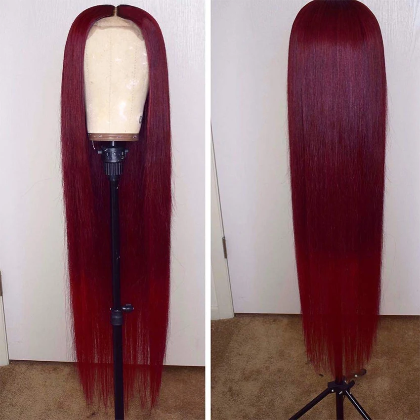 

Burgundy 99J Red Lace Front Human Hair Wigs Pre Plucked Hairline with BabyHair Brazilian Remy Human Hair Straight Wig for Women, Natural black or custom