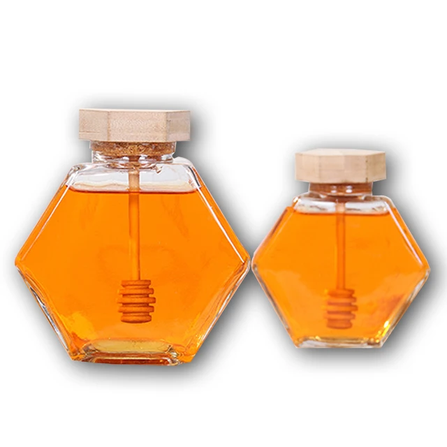 

Hexagonal with wooden lid honey storage transparent glass jar, Clear