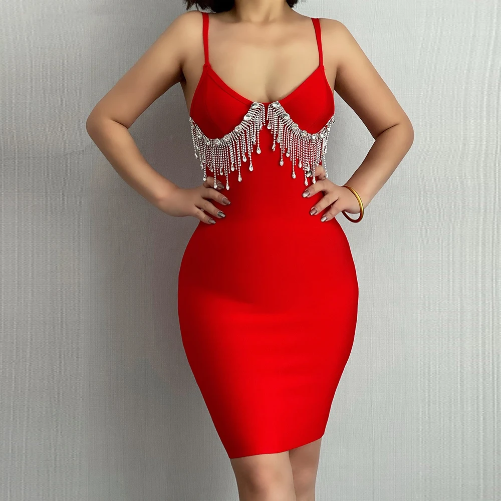 

Wholesale Celebrity Party Wear Luxury Mini long Sleeve tassel Evening Bandage Dress