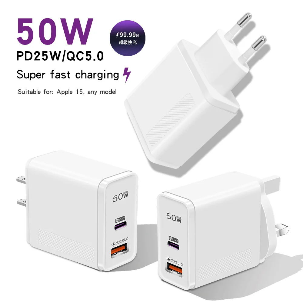 

50W PD Type C Charger Fast Charger 2 Ports USB C Charger For XIoami 13 Samsung Galaxy S22 IPhone 14 15 Huawei Adapter