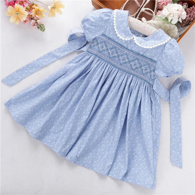 

C262673 children dresses girls dress smocked flower floral ruffles hand made cotton kids clothes boutiques wholesale bishop