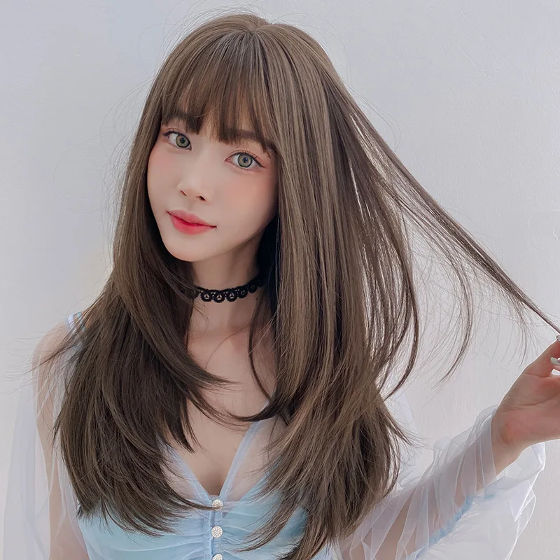 

Ainizi high quality fashionable wig Korean style 65cm long straight synthetic wig for women with fringe 5 colors available, As photo