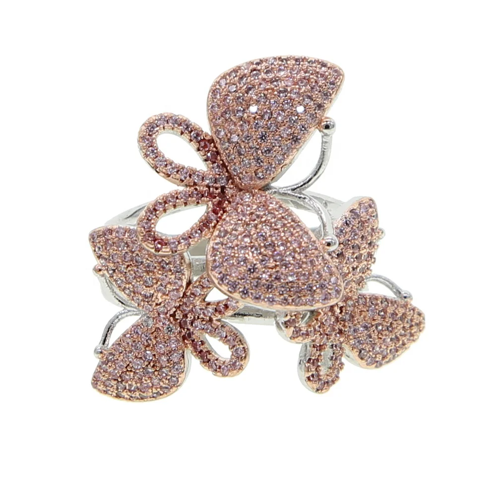 

silver pink two tone plating 3 pcs cz butterfly ring for women