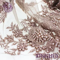 

New Arrival 100 poly voile heavy beaded luxury fashion lace fabric dubai embroidered pearls