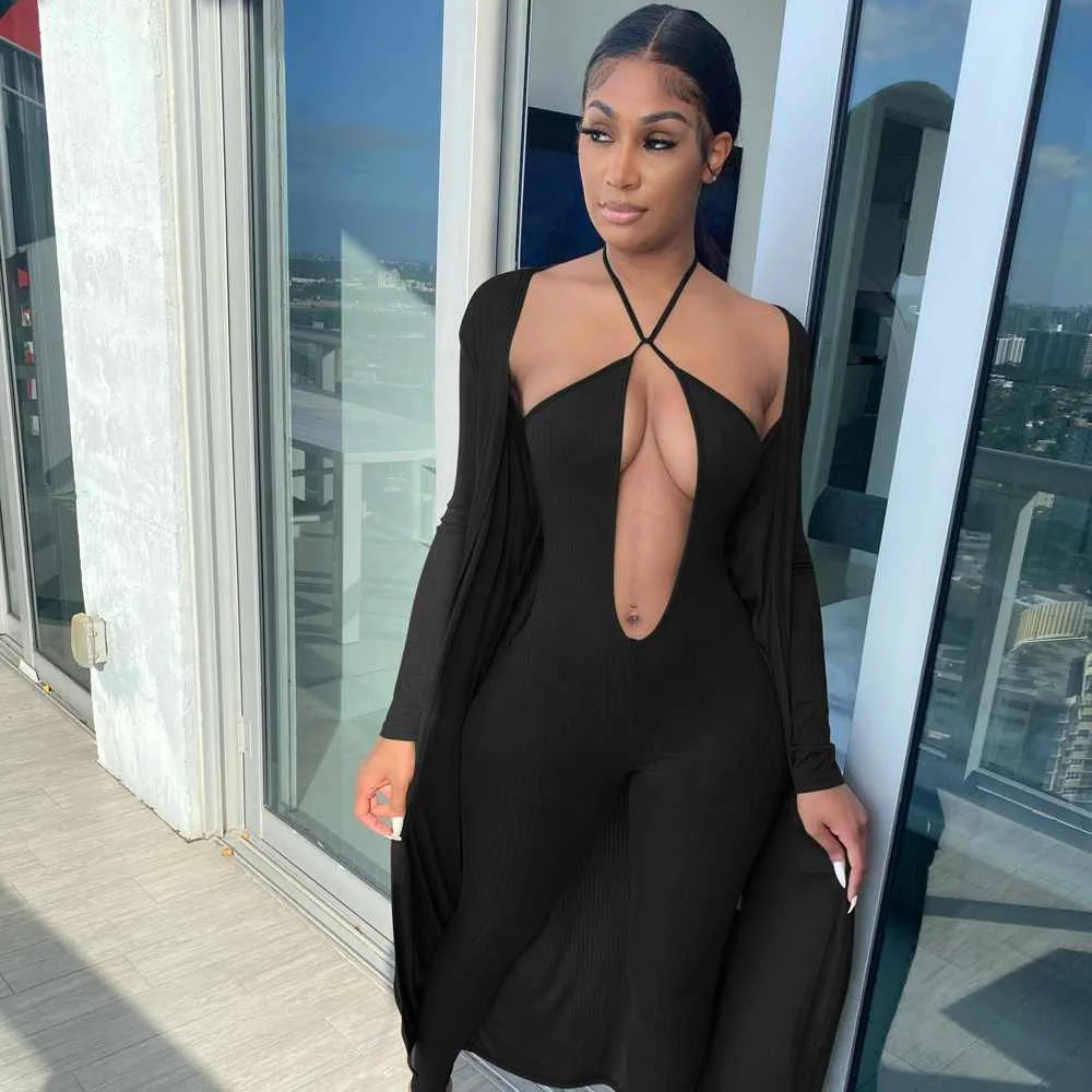 

Club dresses Halter Slim Hollow Jumpsuit Shawl Long Sleeve Jacket Two-piece Set Women, Picture