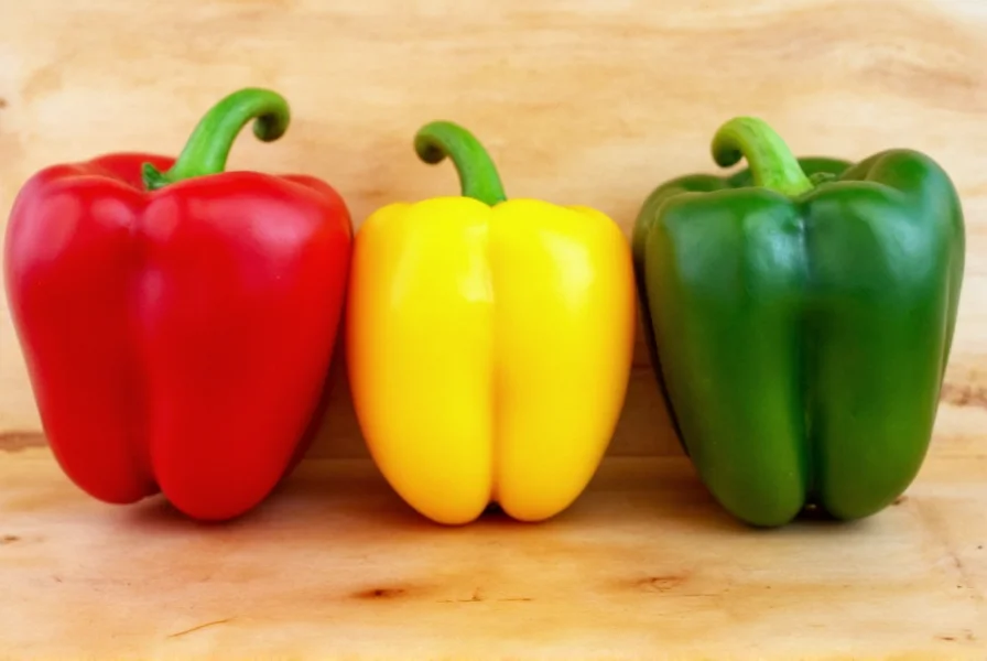 Side-by-side comparison of red, yellow, and green bell peppers on a wooden cutting board showing different ripeness stages