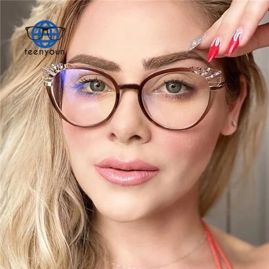 

Teenyoun Eyewear Ins Style Crystal Colors Frame Glasses Spring Legs Oculos Cat Eye Anti Blue Light Gaming Eyeglasses For Ladies