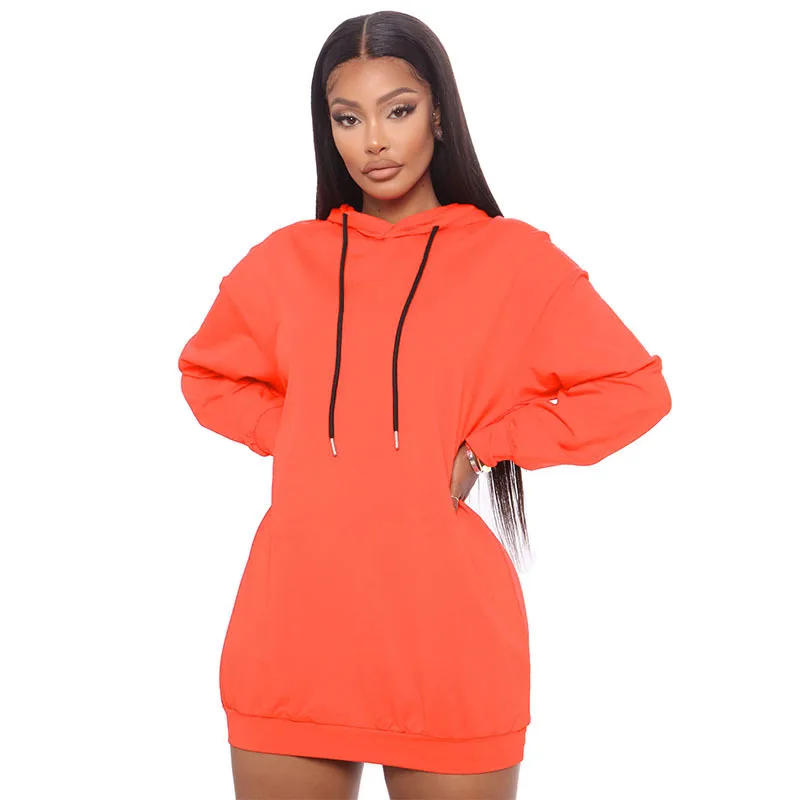 

Casual Long Sleeve Plain Oversized Hooded Sweatshirt Dress Women Oversized Pullover Sweatshirt Dress, Customized color