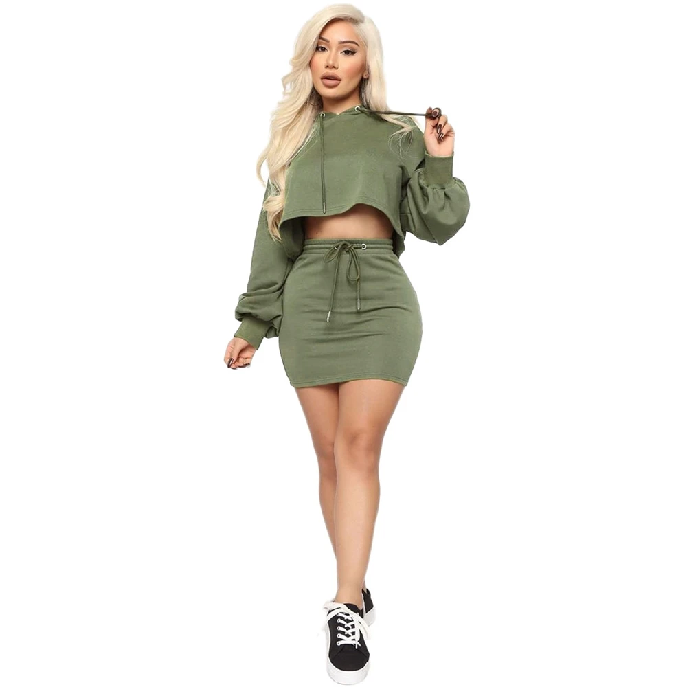 

2021 Pure Color Sexy Leisure Club Long Sleeve Short Skirt Two-piece Ladies Clothing