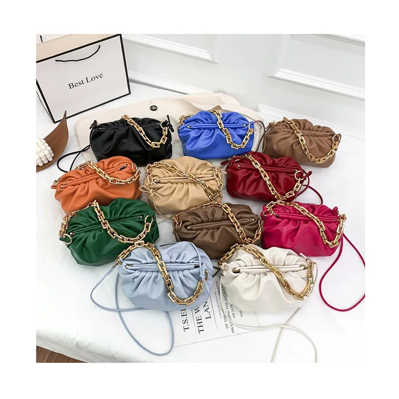 

Fashion Pleated Soft PU Leather Single Shoulder Bag Women Thick Chain Dumpling Shape Clutch Solid Color Cloud Messenger Handbag
