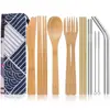 Factory wholesale eco wooden flatware travel reusable bamboo cutlery set with bag