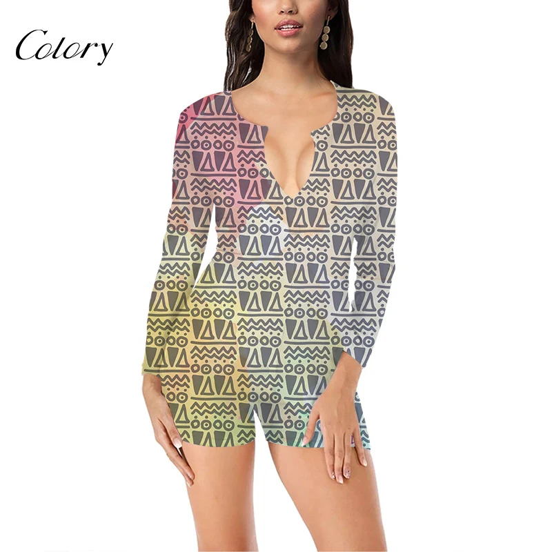 

Colory Plus Size Women Onesie Multi Color Romper Cartoon Bodysuit, Picture shows