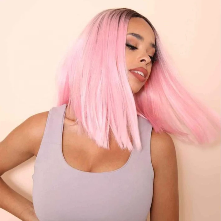 

Aliblisswig High Quality Synthetic Lace Front Wig Glueless Ombre Pink 14" Short Bob Straight Lace Front Synthetic Hair Wigs, Dark root 2 tone ombre pastel pink lace front wigs