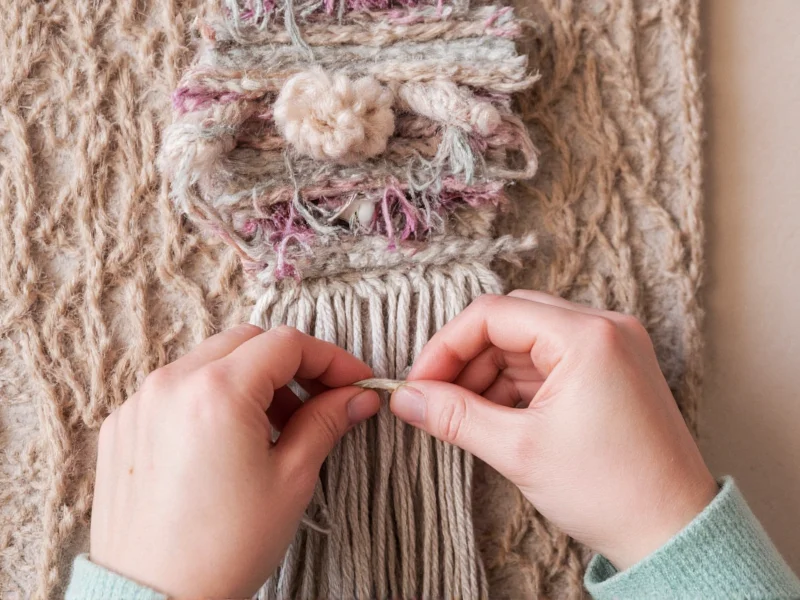 Close-up of hands weaving fabric scraps into wall hanging
