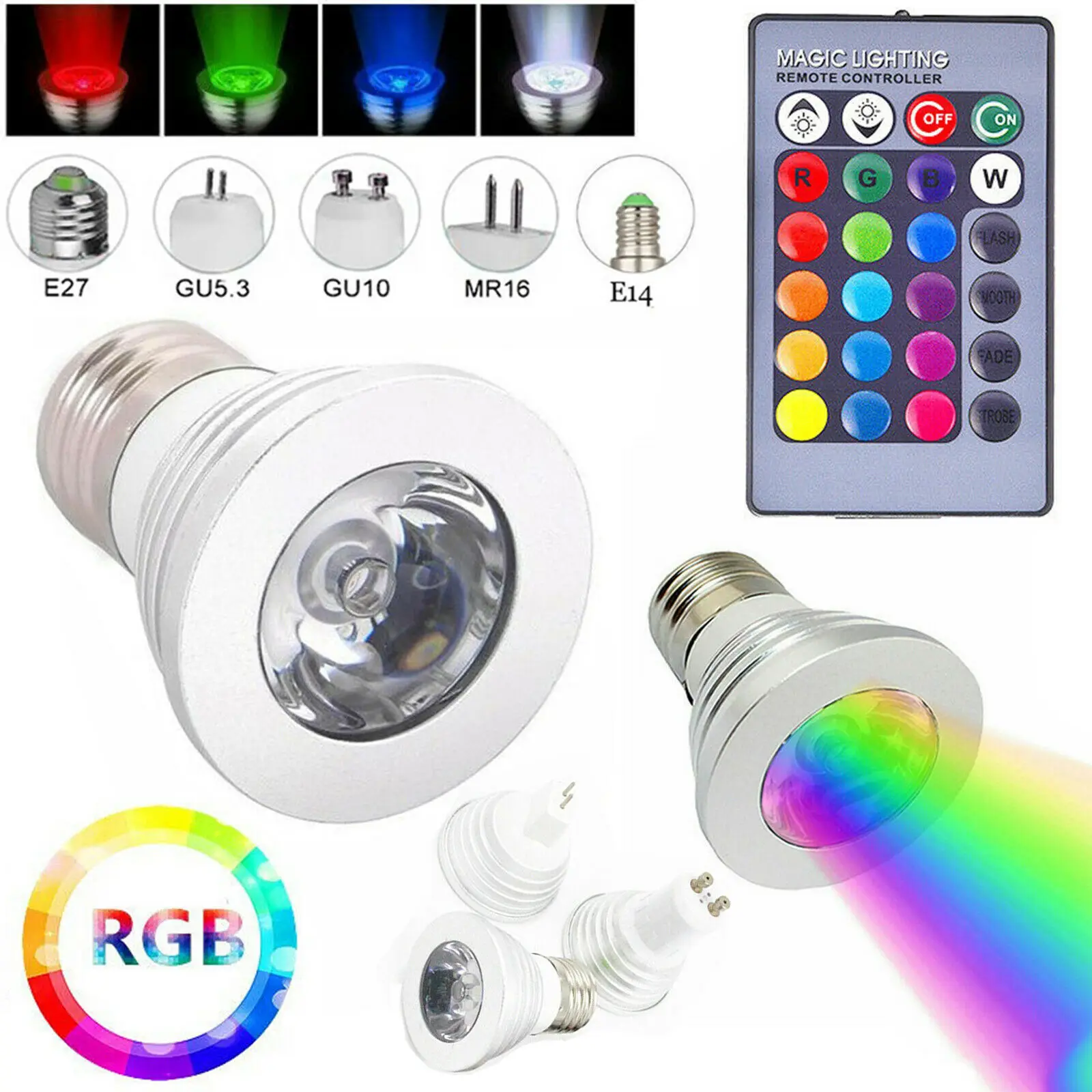 E27 E14 GU10 GU5.3 MR16 3W RGB LED Spotlight Bulbs Remote Control Colourful Lamp 85-265V 12V