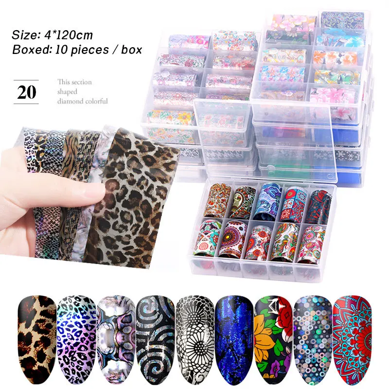 

10 Rolls/Box Holographic Flower Leopard Dot Marble Mixed Designs Starry Sky Nail Foil Transfer Sticker Set