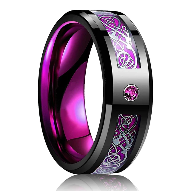 

New fashion 8mm Men's Stainless Steel Dragon Ring Inlay Red Green Black Carbon Fiber Ring Wedding Band Jewelry hiphop