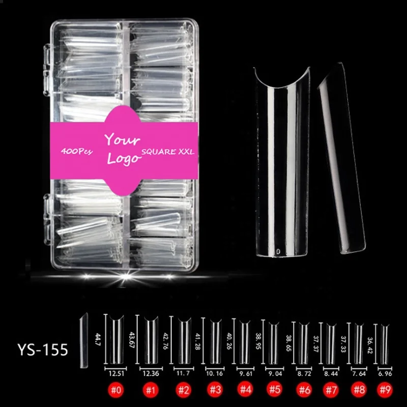 

400 Pcs/box Customized Logo Label 36.47-44.mm Extra Long Nail Tip C Curved Half Cover Salon Straight XXL Square Nail Tips