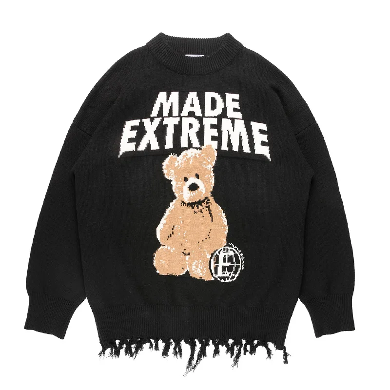 

Men's wear plus wool winter sweater street trend loose jumper cartoon bear embroidered sweater