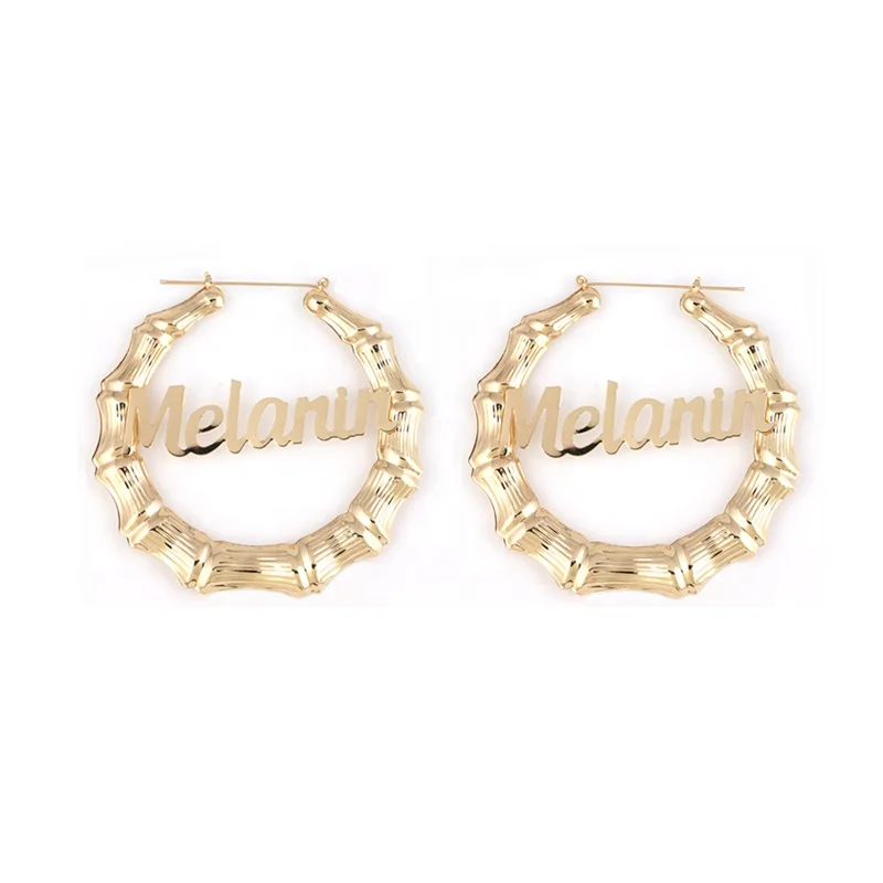 

2021 Fashion Personalised Custom Name 18k Gold Plated Large Bamboo Shape Hoop Earrings For Women, Gold ,silver