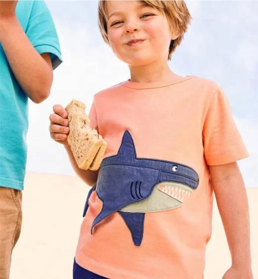 

2021 Low MOQ Summer 100% Cotton Shark Patchwork Baby Boys Tshirt