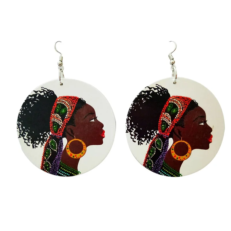 

Hotsale Delicate Jewelry Colorful Printed Women Head Wooden Earring Round African Lady Tribe Wooden Dangle Earrings For Girls