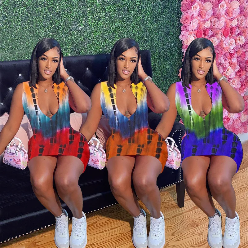 

2021 New Arrival Stylish Sexy Print Sleeveless Bodycon Sexy Women Summer Mini Dress, Picture color