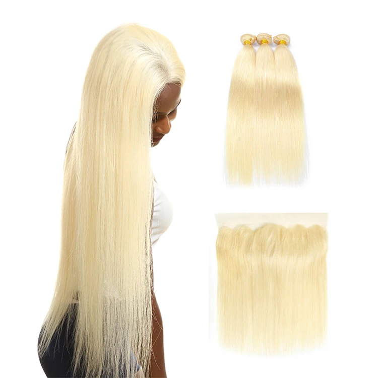 

Straight Blonde Bundles With HD Lace Frontal Double Drawn 613 Weave Human Hair Wholesale Vendors Cuticle Aligned Virgin Hair, Blonde 613