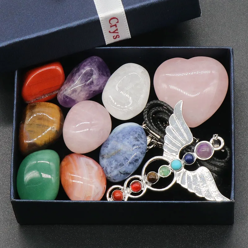 

2022 Hot Selling Crystal angle necklace Collection Chakra tumbled polished Stones Set gift box Reiki for Meditation or Ritual