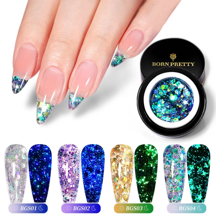 

BORN PRETTY Luminous Sequins Gel Glow In The Dark Effect Manicuring Nail Gel Polish with Color Card, 8 colors for choose (color 1-4 luminous)