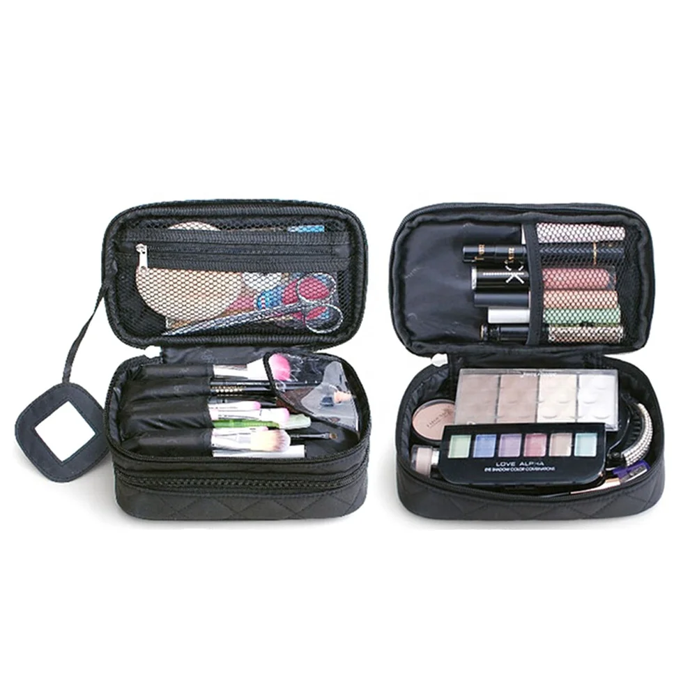

ECO-friendly Airline Double Layers Zipper Mesh Travel Cosmetic Organizer Case OEM Washable Makeup Bag with Mirror Handle, Rose red, black, coffee, pink