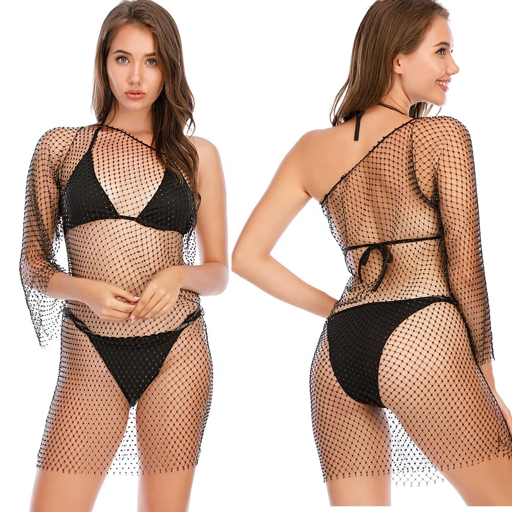 

S567 Women See though rhinestone fishnet mesh dress Sexy Bikini Cover Up dress Beach wear clubwear, Black ,white, customize colors ok