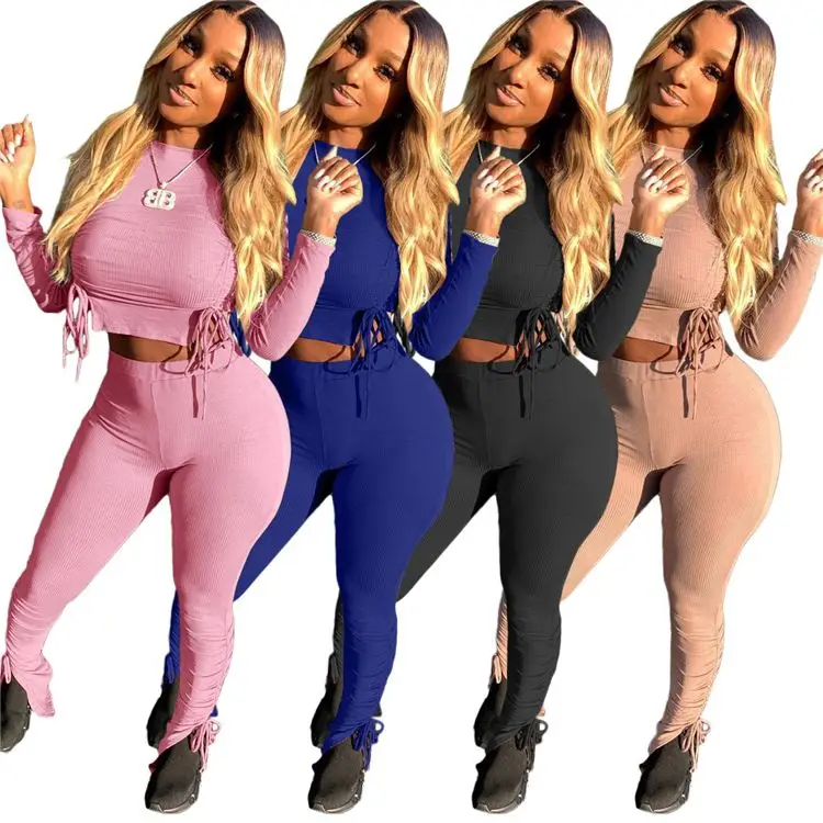 

Best Design Bandage Women Fashion Clothing 2020 Solid Color Tight Sports Suit Rib Women Sets Two Piece Matching Sets