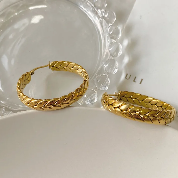 

Fashion Jewelry Earrings 18k Gold Plated Statement Stainless Steel Hoop Earrings Braided Wheat Design Hoop Earrings, Gold color