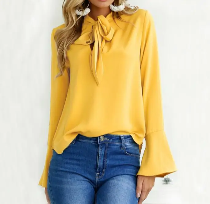 

New arrival bohemia style ladies polyester bow knot Yellow Blue Black Pink solid women blouses