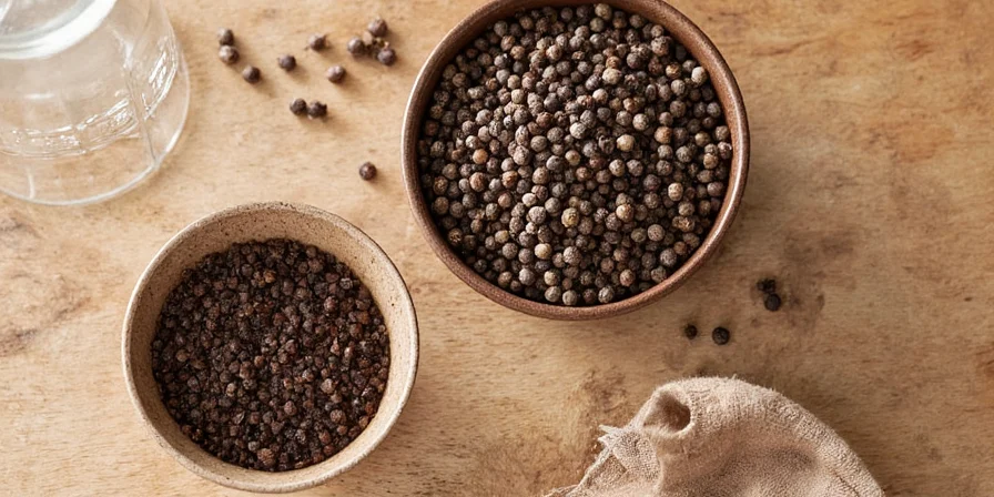 Pepper grinder and cracked peppercorns