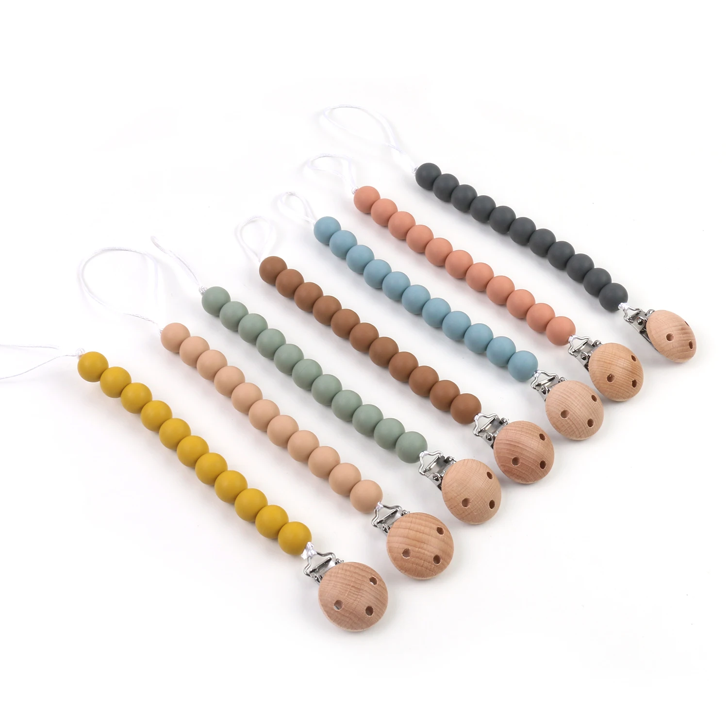 

Adjustable Custom logo silicone beads baby teething wooden pacifier chain clip, Muted, sage, apricot, mustard, ether, dark grey, clay etc