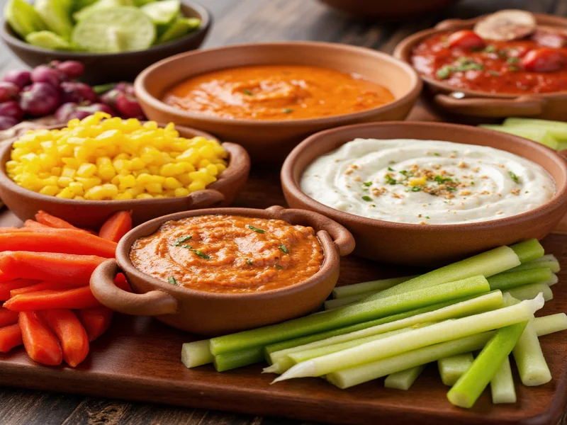 Colorful homemade dips arranged on wooden board with vegetables