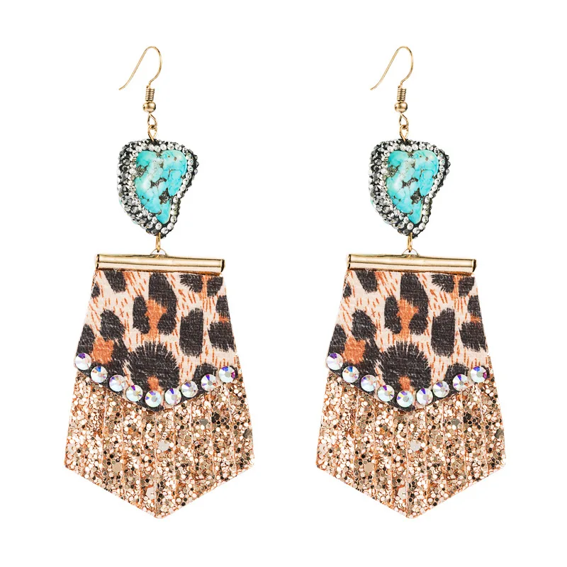 

Leopard print long leather small fresh set diamond earrings for ladies