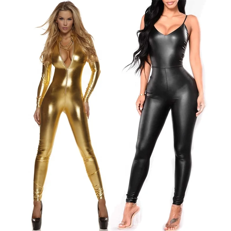 

Womens Tight Spandex Jumpsuits Gold Leather Bodysuit Metallic Tights Black Cat Suit Red Romper Jumpsuit Latex Catsuit