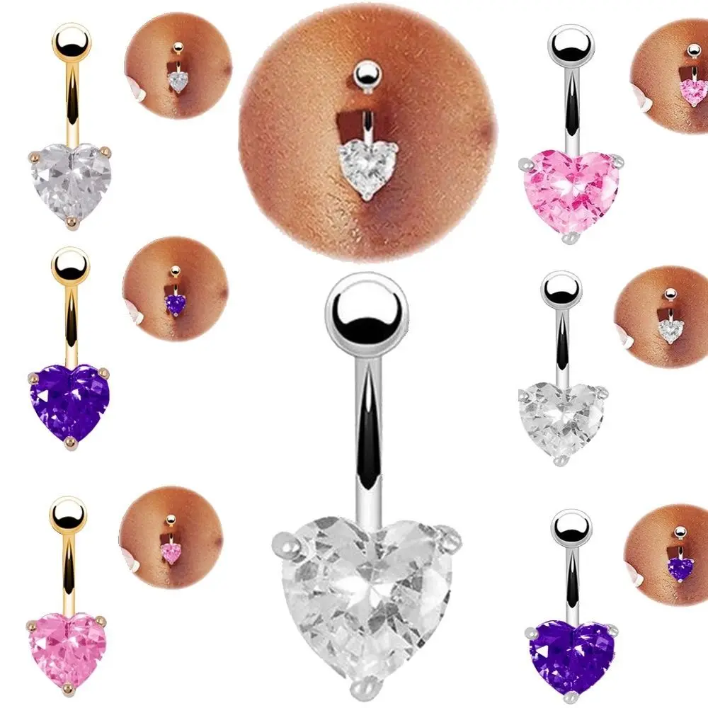 

VRIUA 1PCS Crystal Long Belly Button Ring 14G Heart Belly Piercing Dangle Navel Piercing Rose Gold Sexy Navel Bar Cute Belly Rin, Multicolor