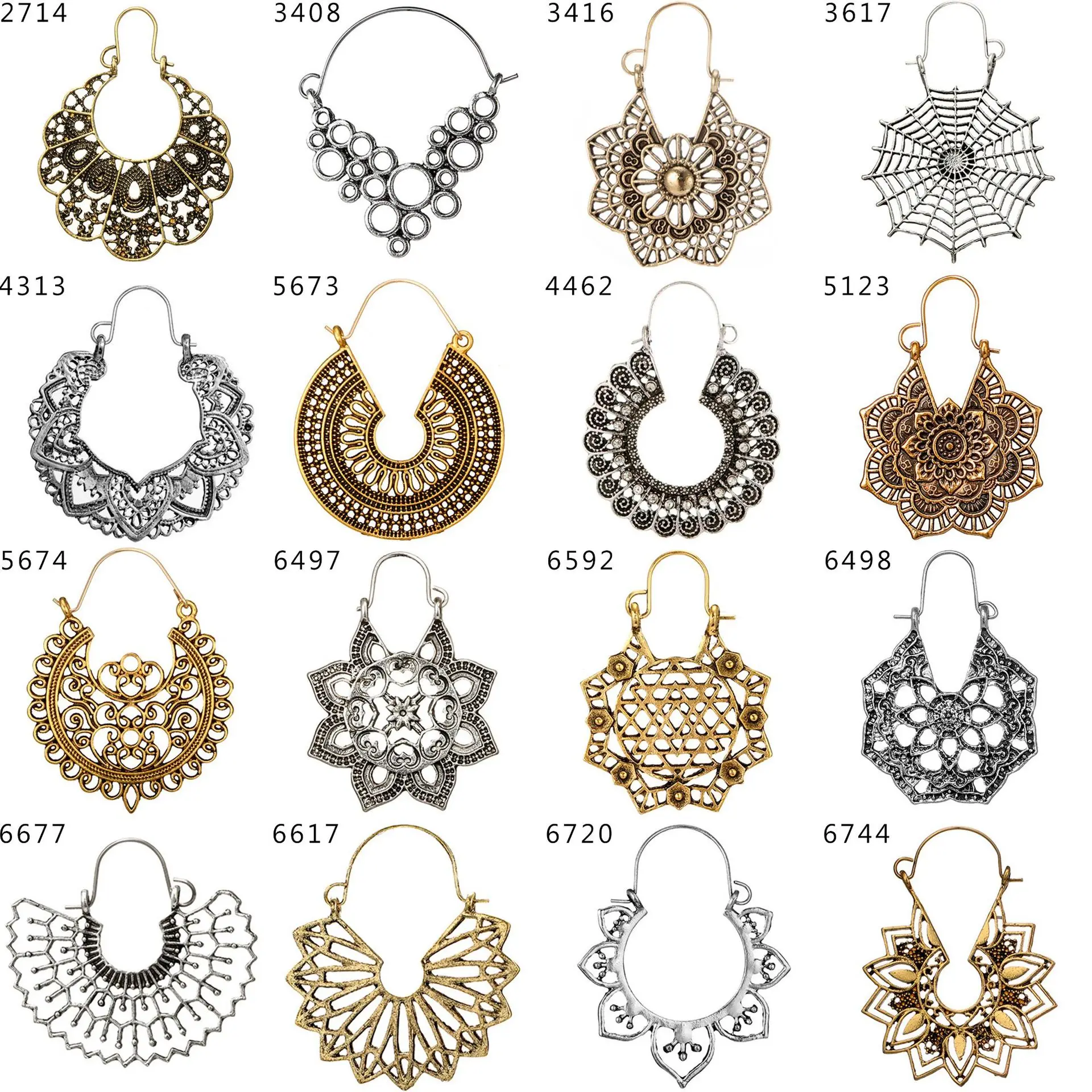 

Middle East Retro Hot Selling Bohemian Hollow Flower Alloy Earrings Fashion Women Boho Ethnic Vintage C Shape Fan Earrings