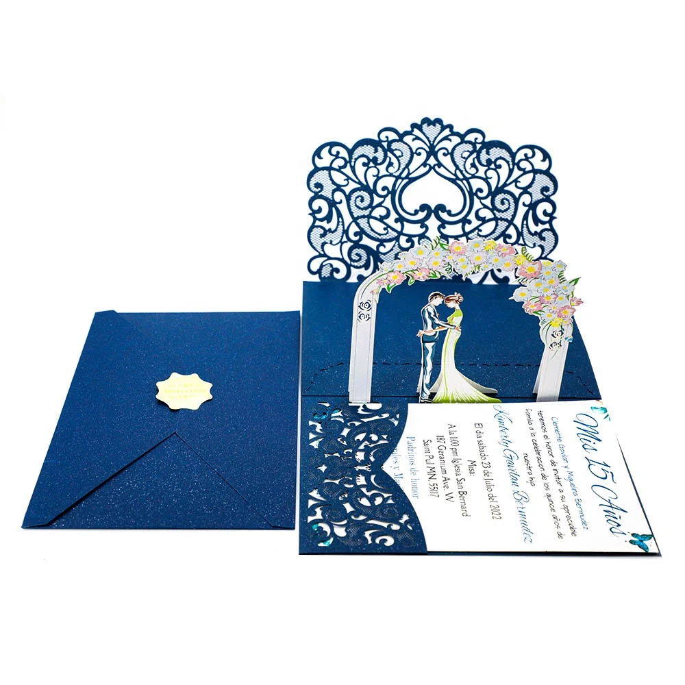 

Hot seller Elegant Trifold DK Blue 3D Pop Up Paper Wedding RSVP Invitation Card with Envelope & Sticker