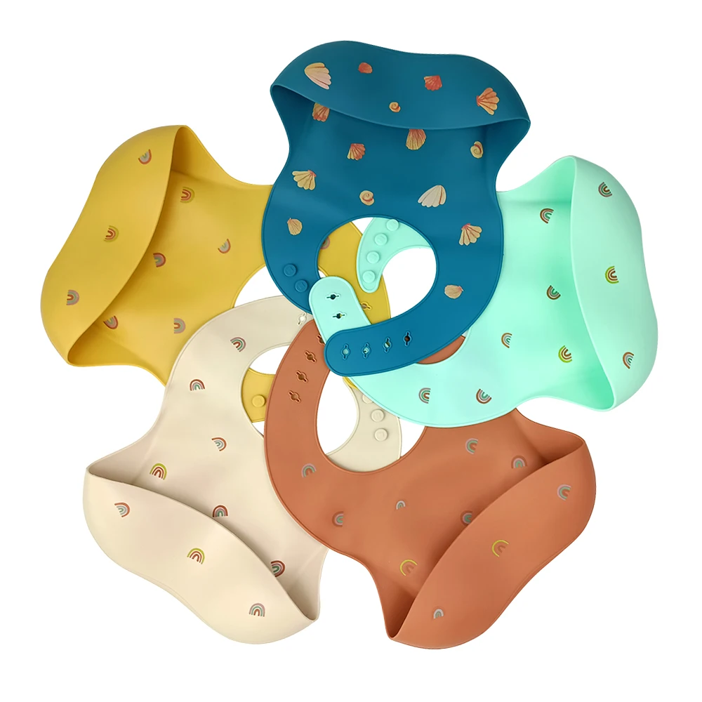 

Printed Colorful Children Silicone Customize Baby's Elastic Band Bibs Waterproof For Kids PP Bag Packing, Customized colors