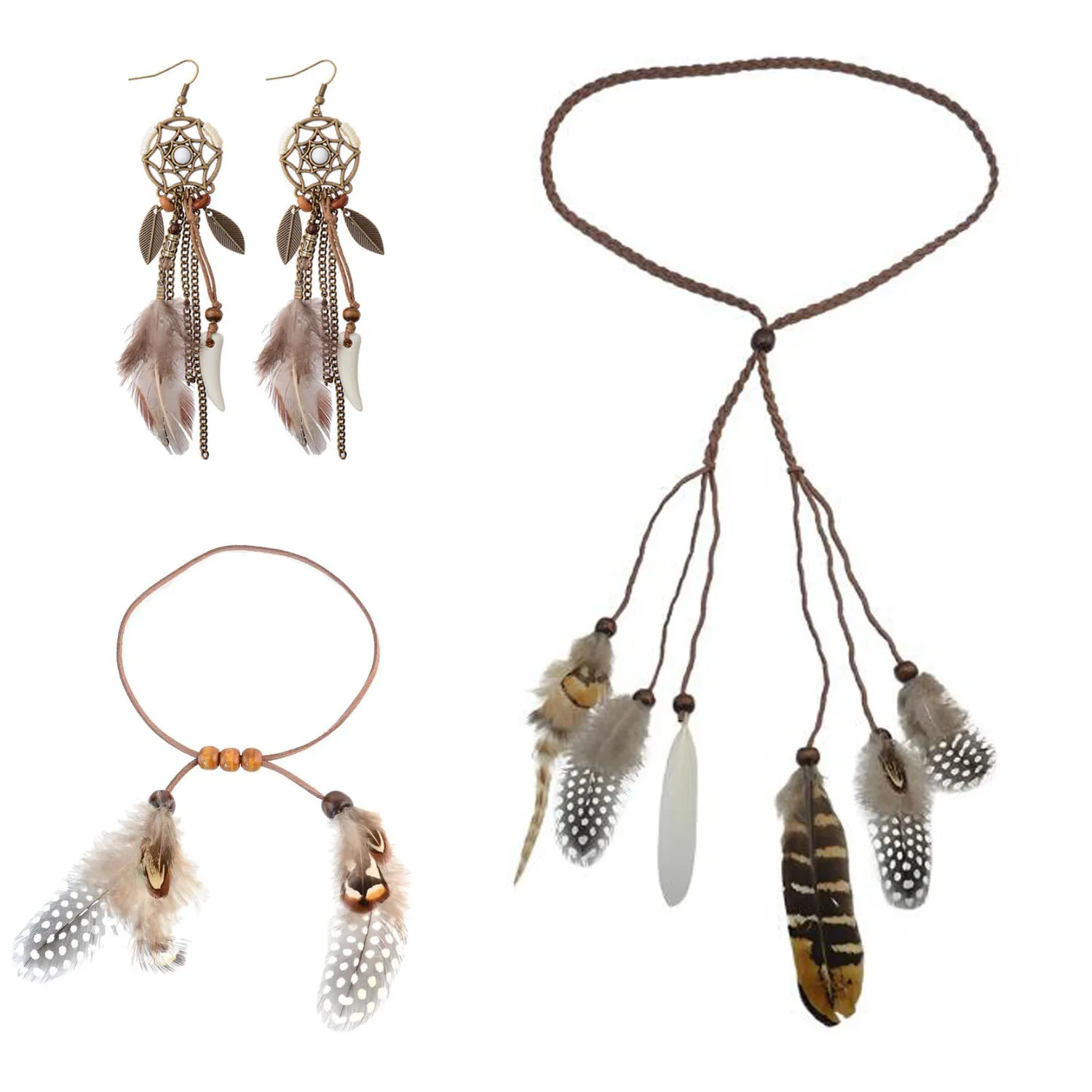 

Bohemian Feather Earrings Hairband Armlet Set Hip hop Jewelry Set Unisex, Brown