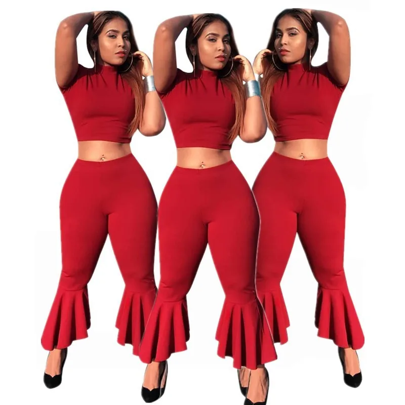 

Stylish Sexy Red Fish Tail Two Piece Set Slim Lady Casual Trousers Suit Female Plus Size Pants Sets cropped pants ruffles women