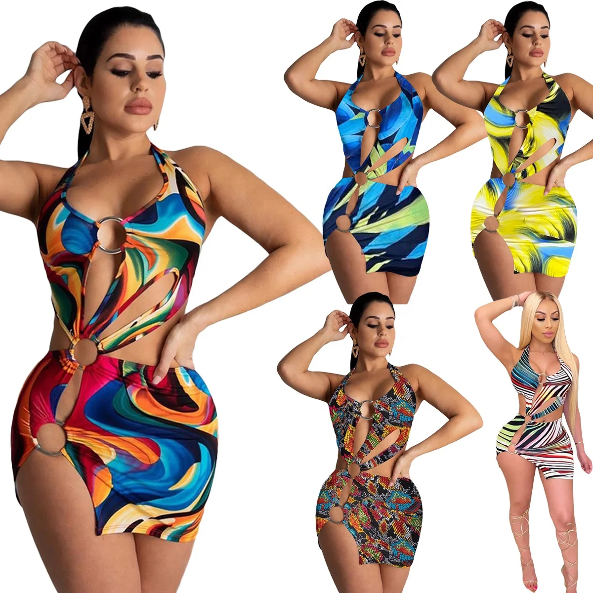 

SY21313 New style 2021 colorful bandage halter women sexy swimsuit sexy dresses swimwear & beachwear, 5 colors