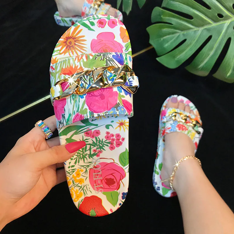 

PDEP most popular product fashion gold chain printing flowers outdoor slippers ladies summer footwear sandals shoes for ladies, White,black